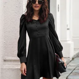 StyleCast Women Black Solid Long Puff Sleeves Knee Length Dress-picture-21