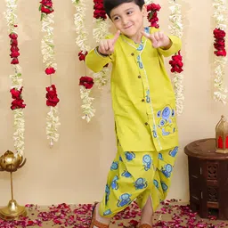 BownBee Pure Cotton Woven Full Sleeves Monkey Printed Dhoti Kurta Set - Yellow image 4