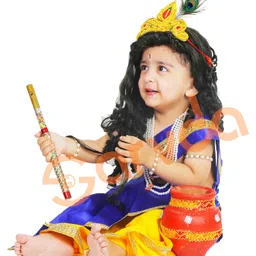 Sarvda Janmashtami Theme Silk Floral Swirl Sequin & Gota Lace Embellished Krishna Costume Kit - Blue & Yellow image 5