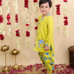 BownBee Pure Cotton Woven Full Sleeves Monkey Printed Dhoti Kurta Set - Yellow image 5