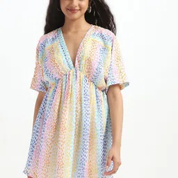 HERE&NOW Women Multicolor Dot Print V-Neck Empire Mini Dress image 1