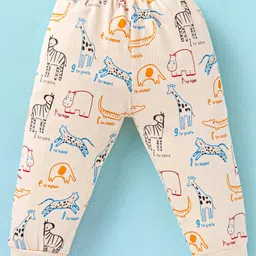 Mini Donuts Cotton Knit Full Sleeves Front Open Night Suit With Animals Print - Light Peach image 5