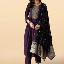 Anouk Rustic Floral Yoke Design Round Neck Zari A-Line Kurta With Trousers With Dupatta-picture-38