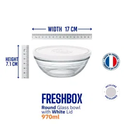Duralex FreshBox Transparent Tempered Glass Round Bowl with White Lid - 970 ml image 3