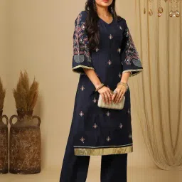 Globus Navy Embroidered Kurta With Pants-image-45