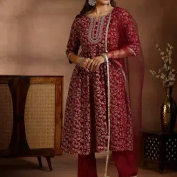 Libas Maroon Embroidered Kurta & Palazzo Set With Dupatta-image-82