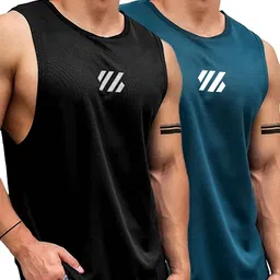 JUMPCUTS Pack Of 2 Printed Round Neck Slim Fit Gym Vest image 2