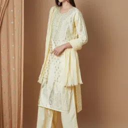 Melange by Lifestyle Beige Woven Pattern Kurta Palazzo Set With Dupatta image 3