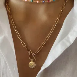 OOMPH Multicolor Evil Eye Beads and Medallion Link Chain Choker Pack of 2 image 3