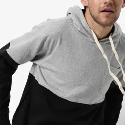 Campus Sutra Black & Grey Cotton Regular Fit Colour-Block Hooded Sweatshirt-picture-32