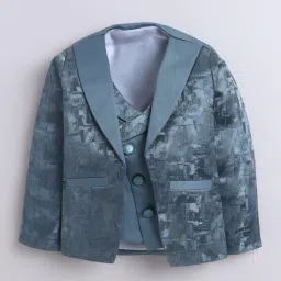 Fourfolds Kids Teal Blue Jacquard Three Piece Suit Set With Bow image 3