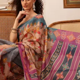 Silk Land Beige & Pink Printed Saree With Unstitched Blouse image 3