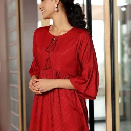 Libas Red Woven Pattern A Line Short Kurti image 3