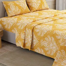 Layers Serenity Yellow Cotton 200 TC Landour Damask Double Bedsheet with 2 Pillow Covers image 3