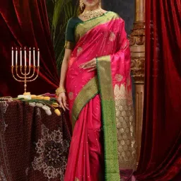 House Of Begum Pink Banarasi Handloom Satin Silk Saree With Embroidery Work With Blouse Piece-picture-15