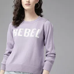 The Roadster Lifestyle Co. Women Lavender Typography Pattern Acrylic Pullover-picture-18
