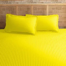 Sleeping Owls Yellow Striped 210 TC King Bedsheet with 2 Pillow Covers-image-2