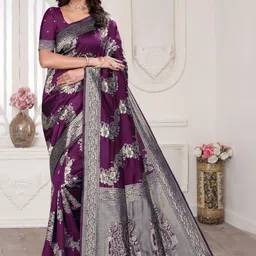 VASTRAAVEDAA Floral Zari Art Silk Handloom Banarasi Saree image 3
