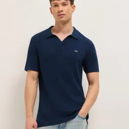 The Bear House Blue Cotton Woven Design Regular Fit Polo T-Shirt-image-55