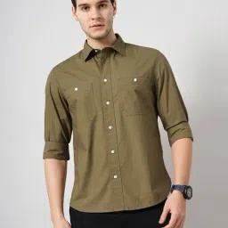 celio* Khaki Regular Fit Cotton Shirt-image-0