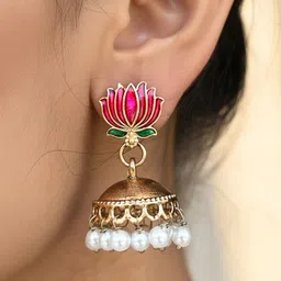UnfoldSelf Gold Plated Beaded Floral Shaped Jhumkas Earrings image 2