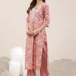 Libas Floral Printed Straight Thread Work Kurta With Trousers & Dupatta image 2