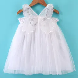 Babyhug Sleeveless Party Frock With Butterfly Wings Corsage & Sequine Detailing - White-picture-20