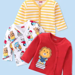 Babyhug 100% Cotton Knit Full Sleeves Lion Print Front Open Vests Pack of 3 - Multicolour-picture-13