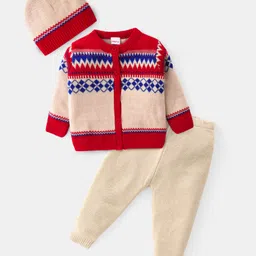 Babyhug Knitted Full Sleeves Front Open Sweater Set with Cap Ikat Design - Red-picture-15