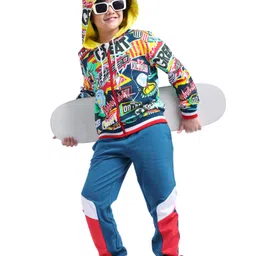 Ollington St. 100% Cotton Knit Full Sleeves Hooded Sweatshirt & Joggers Set Text Print -Red Yellow & Blue-picture-18