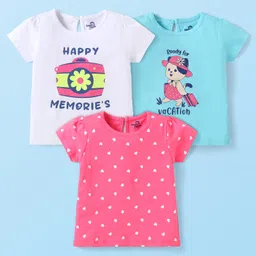 Doodle Poodle 100% Cotton Knit Half Sleeves T-Shirts with Hearts & Text Print Pack of 3 - Dark Pink White & Light Blue-picture-36