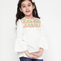 ISHTI Rayon Three Fourth Bell Sleeves Abstract Embroidered & Frill Detailed Top - White-picture-22