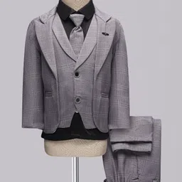Rikidoos Full Sleeves Solid & Checked 4 Piece Party Suit With Tie - Grey-picture-10