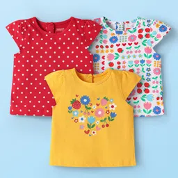 Babyhug Cotton Knit Cap Sleeves T-Shirts with Floral Print Pack of 3 - Red Yellow & White-picture-37