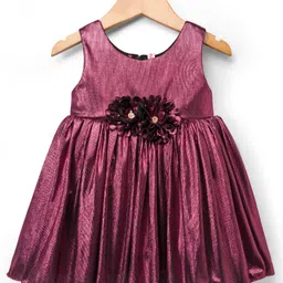 Babyhug Woven Partywear Sleeveless Fit and Flare Metallic Dress with Floral Applique - Maroon-picture-27
