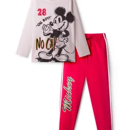 HoneyHap Disney Single Jersey Knit Full Sleeves Night Suit With Mickey Mouse Graphics - White & Red-picture-36
