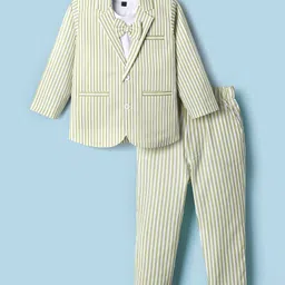 Rikidoos Full Sleeves Striped Blazer & Coordinating Pant With Bow Applique Detailed Tee Set - White & Olive Green-picture-26