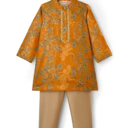 Babyhug Cotton Woven Full Sleeves Cambric Foil Printed Kurta Pajama Set- Mustard-image-1