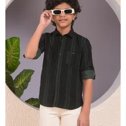 CRIMSOUNE CLUB Cotton Woven Full Sleeves Striped Shirt - Green-picture-12