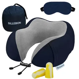 Billebon Neck Pillow Navy Blue Memory Foam Filled Multi Contour Shape with Eye Mask , Travel Pouch-picture-24
