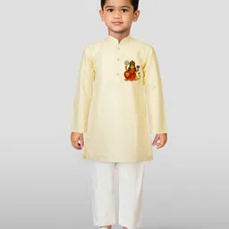 JBN Creation Cotton Woven Navratri Theme Full Sleeves Maa Durga Printed Kurta Pyjama Set - Cream-picture-12