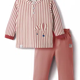Ollypop Interlock Knit Full Sleeves T-Shirt and Lounge Pant Set With Stripes & Hot Air Balloon Print - Dark Peach image 1