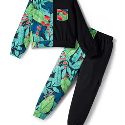Tiara Cotton Elastane Knit Full Sleeves Tropical Printed Top With Joggers Set - Black-picture-11