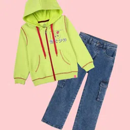 Kiddopanti Fleece Knit Full Sleeves Anime Girl Printed Light Winter Hooded Sweatshirt With Straight Fit Jeans Set - Neon Green & Blue-picture-13