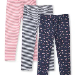 Ariel Cotton Knit Pack Of 3 Striped & Floral Printed Leggings - Pink Black & Navy Blue-picture-15