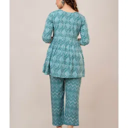CeleBravo Rayon Three Fourth Sleeves Paisleys Printed Maternity Kurta With Nursing Access & Pant Set - Teal Blue image 3