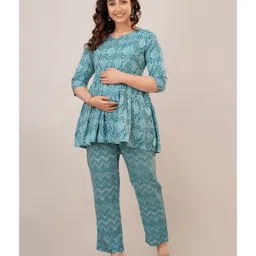 CeleBravo Rayon Three Fourth Sleeves Paisleys Printed Maternity Kurta With Nursing Access & Pant Set - Teal Blue image 4