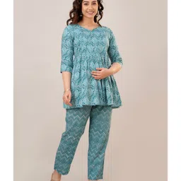 CeleBravo Rayon Three Fourth Sleeves Paisleys Printed Maternity Kurta With Nursing Access & Pant Set - Teal Blue image 5