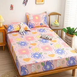 JC HOME Pink & Blue Floral 140 TC Fitted Double King Bedsheet Set-1.80 m x 2 m image 4