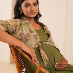 anayna Printed Fit & Flared Maternity Ethnic Dresses With Jacket image 3